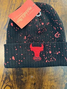 Mitchell & Ness Black Beanie with Red Splatter and Embroidered Bull
